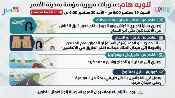 غلق مؤقت لطرق في الأقصر لمدة 24 ساعة بدءًا من السبت